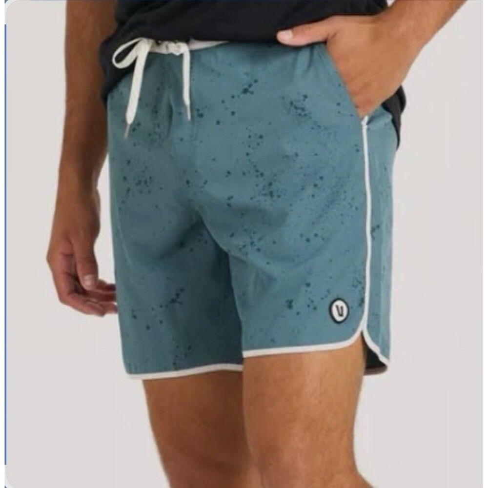 Vuori Cruise Board Swim Shorts Men's 36 Steel Blue Splatter Drawstring